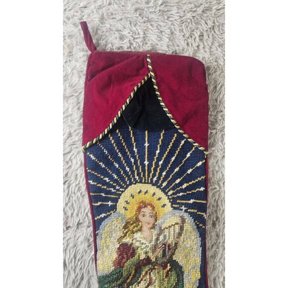Vintage Large Needlepoint Christmas Stocking Wool Velvet Angel Harp Dove - Picture 5 of 10